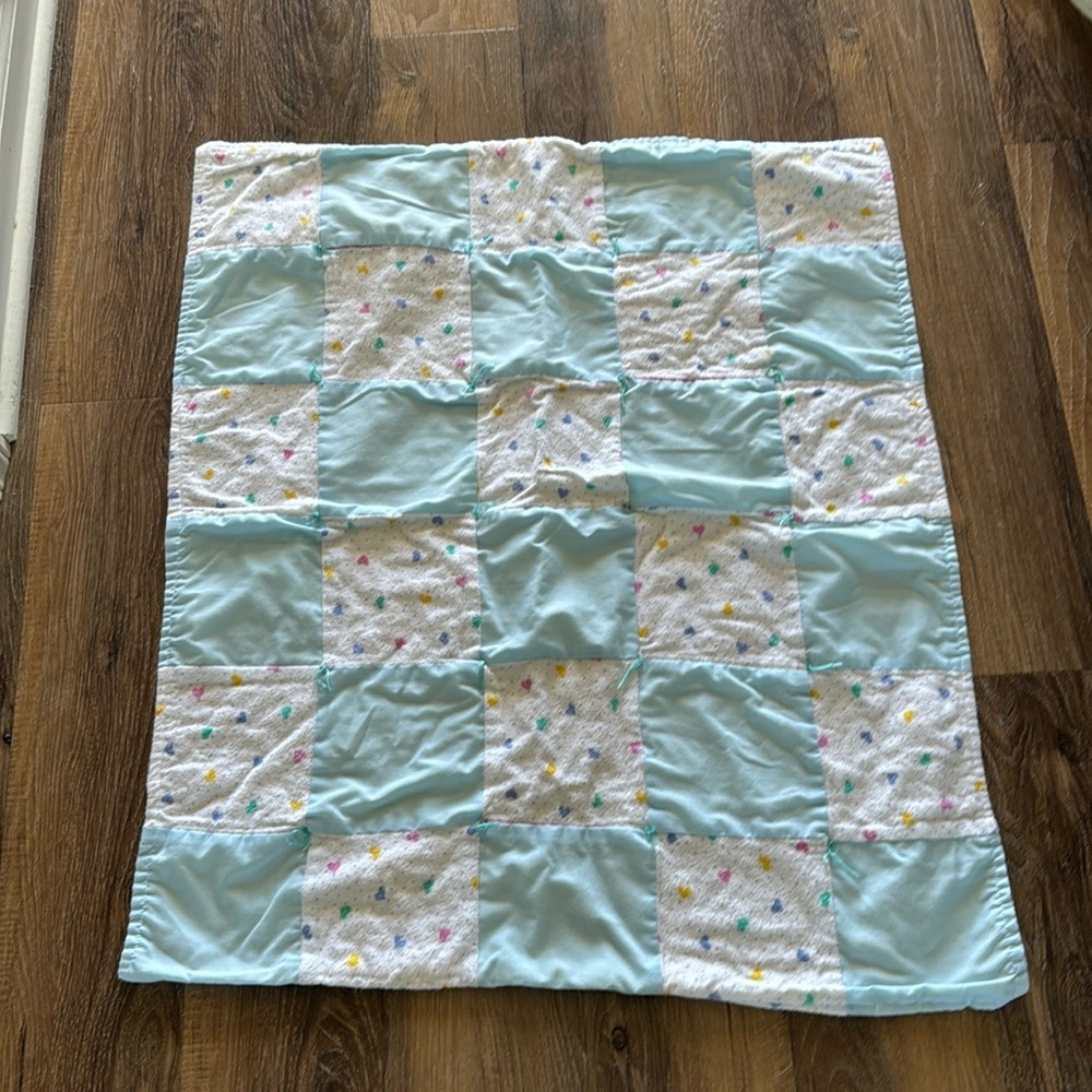 Vintage Blue and White heart confetti pattern with yellow back Blanket